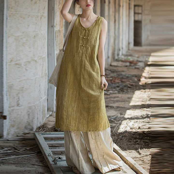 Vestido de lino ramio sin mangas hasta la rodilla con bolsillos y botones de rana, estampado de Buddha Stones. - image 1