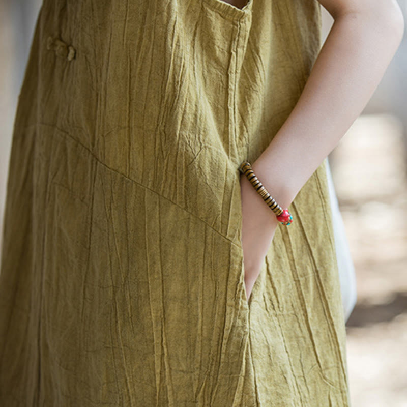 Vestido de lino ramio sin mangas hasta la rodilla con bolsillos y botones de rana, estampado de Buddha Stones. - image 9