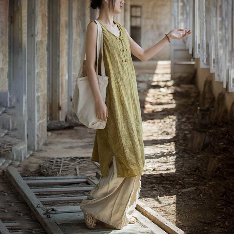 Vestido de lino ramio sin mangas hasta la rodilla con bolsillos y botones de rana, estampado de Buddha Stones. - image 2
