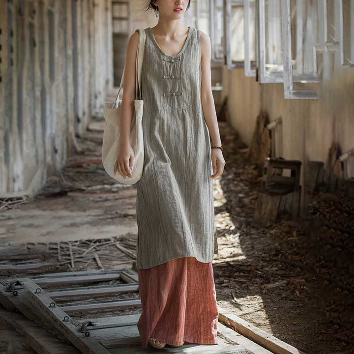 Buddha Stones Cami sin mangas con botones de rana y vestido midi Pantalones anchos de lino y ramio con bolsillos - image 12