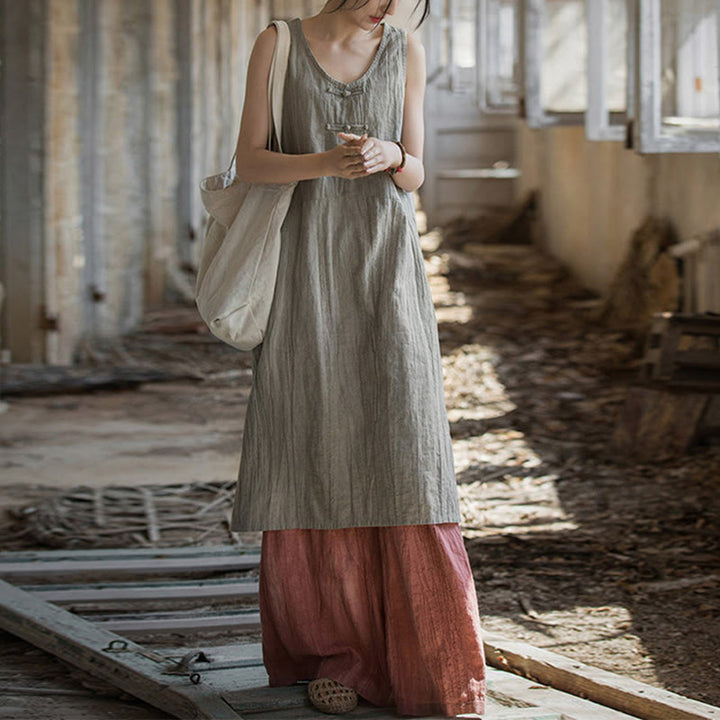 Buddha Stones Cami sin mangas con botones de rana y vestido midi Pantalones anchos de lino y ramio con bolsillos - image 13