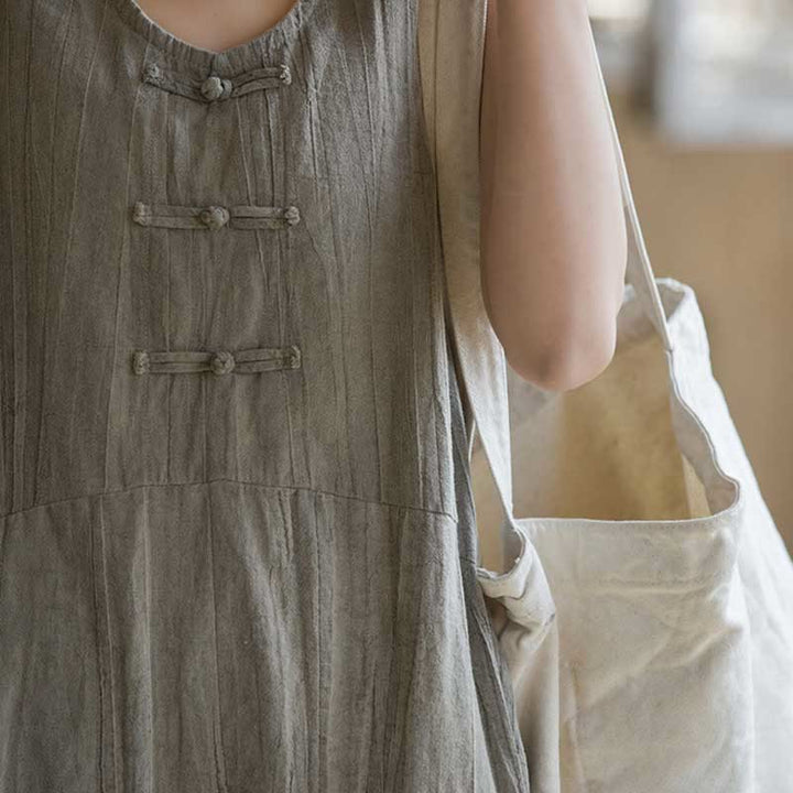 Vestido de lino ramio sin mangas hasta la rodilla con bolsillos y botones de rana, estampado de Buddha Stones. - image 16