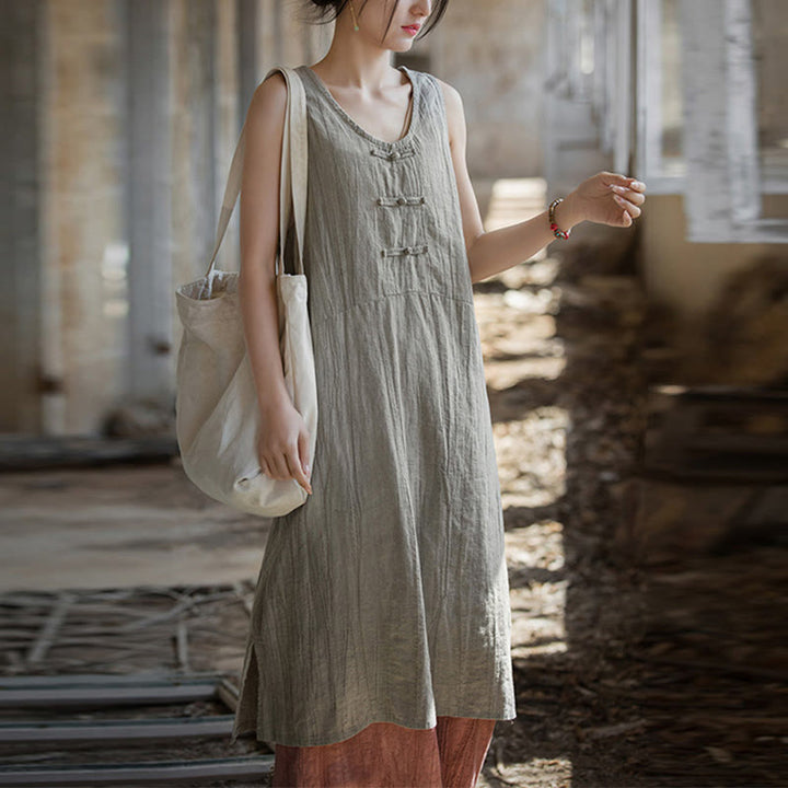 Buddha Stones Cami sin mangas con botones de rana y vestido midi Pantalones anchos de lino y ramio con bolsillos - image 15
