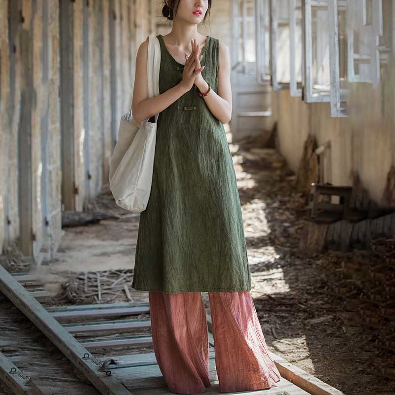 Buddha Stones Cami sin mangas con botones de rana y vestido midi Pantalones anchos de lino y ramio con bolsillos - image 22
