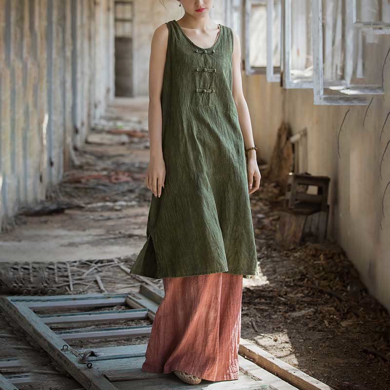 Buddha Stones Cami sin mangas con botones de rana y vestido midi Pantalones anchos de lino y ramio con bolsillos - image 19