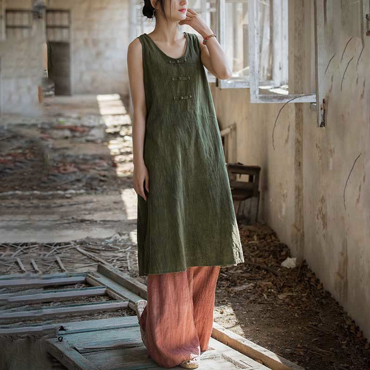 Buddha Stones Cami sin mangas con botones de rana y vestido midi Pantalones anchos de lino y ramio con bolsillos - image 21