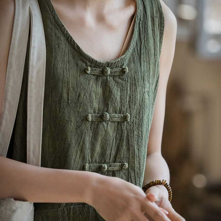 Buddha Stones Cami sin mangas con botones de rana y vestido midi Pantalones anchos de lino y ramio con bolsillos - image 24