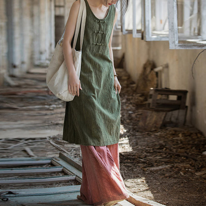 Vestido de lino ramio sin mangas hasta la rodilla con bolsillos y botones de rana, estampado de Buddha Stones. - image 20