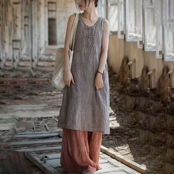Vestido de lino ramio sin mangas hasta la rodilla con bolsillos y botones de rana, estampado de Buddha Stones. - image 27