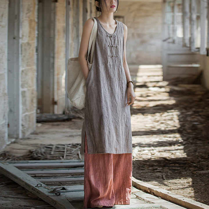 Buddha Stones Cami sin mangas con botones de rana y vestido midi Pantalones anchos de lino y ramio con bolsillos - image 29