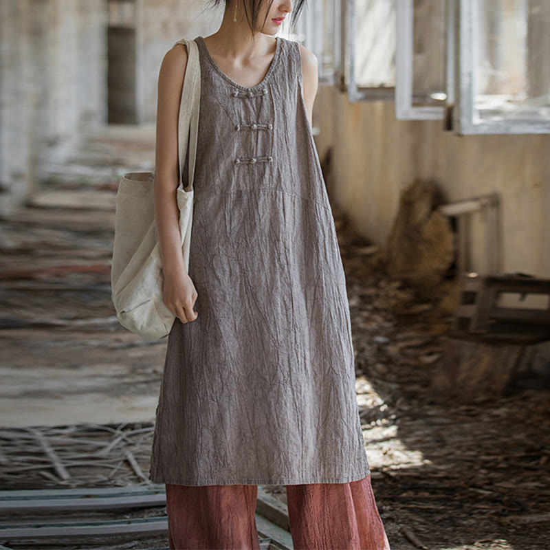 Buddha Stones Cami sin mangas con botones de rana y vestido midi Pantalones anchos de lino y ramio con bolsillos - image 30