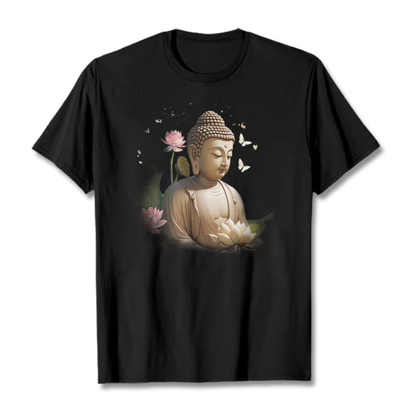 Buddha Stones Flor de Loto Mariposa Meditación Buda Camiseta - Negro - 2XL - image 3