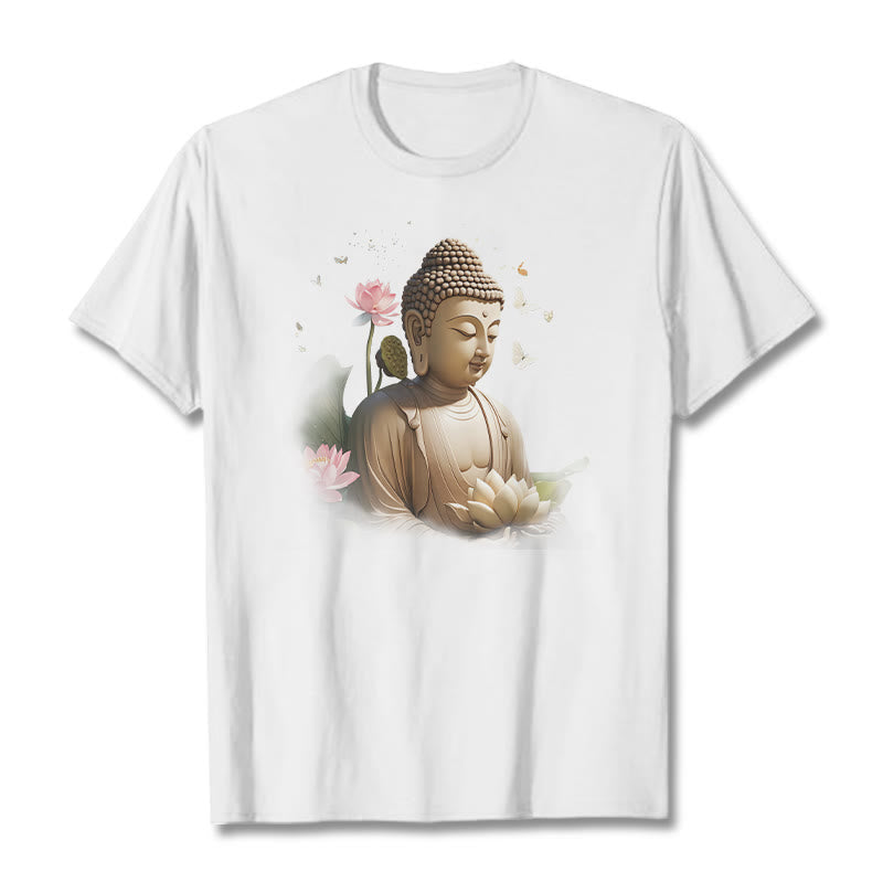 Buddha Stones Flor de Loto Mariposa Meditación Buda Camiseta - Blanco - 2XL - image 0