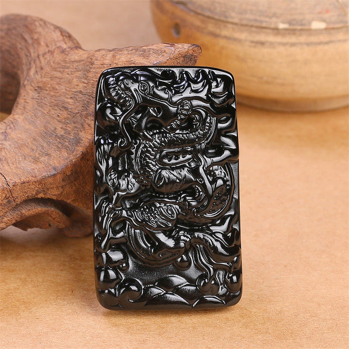 Buddha Stones Collar Colgante de Éxito Rectangular de Dragón Grabado de Obsidiana Negra Natural - image 3