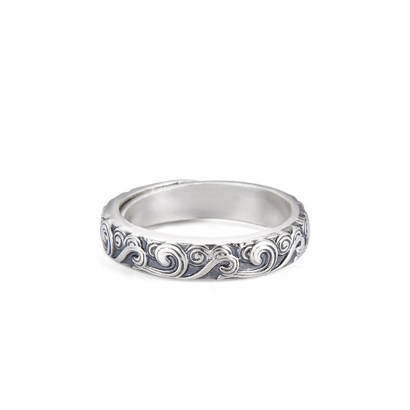 Buddha Stones Anillo Ajustable de Bendición Engravado con Nubes Auspiciosas en Plata Esterlina 999