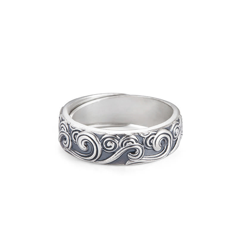Buddha Stones Anillo Ajustable de Bendición Engravado con Nubes Auspiciosas en Plata Esterlina 999