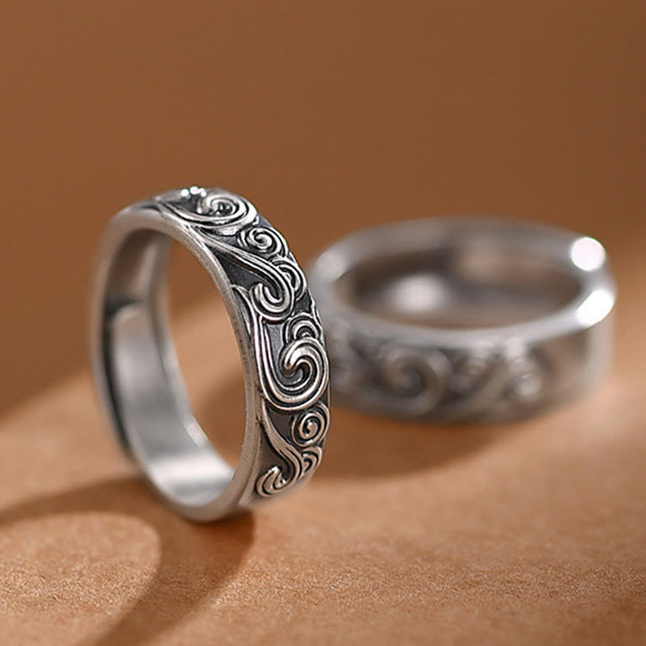 Buddha Stones Anillo Ajustable de Bendición Engravado con Nubes Auspiciosas en Plata Esterlina 999