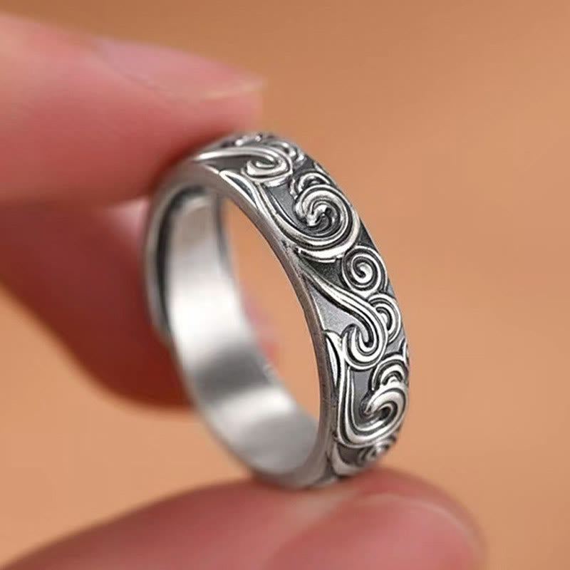 Buddha Stones Anillo Ajustable de Bendición Engravado con Nubes Auspiciosas en Plata Esterlina 999