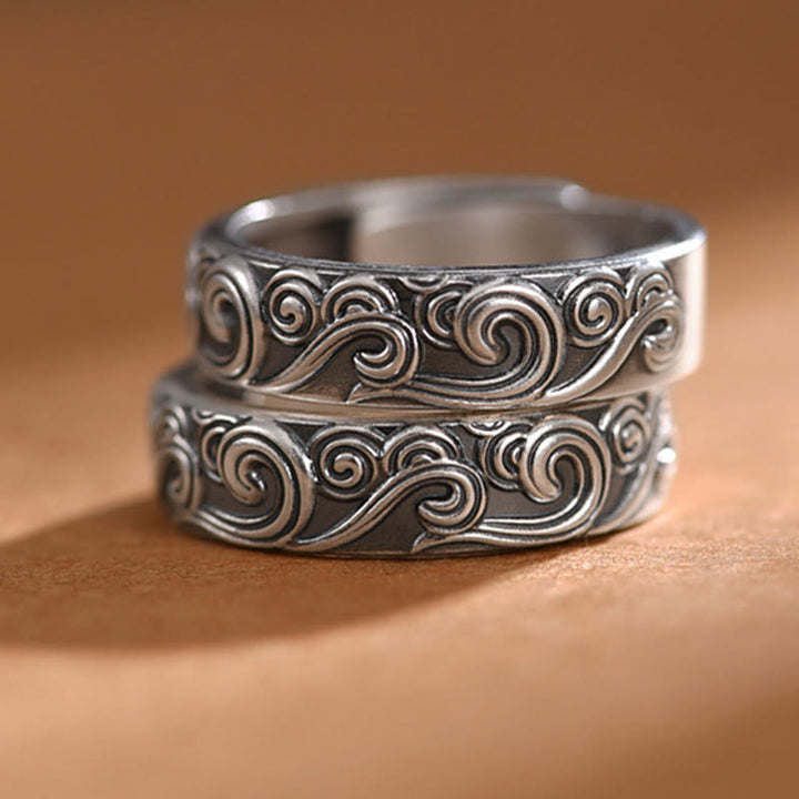 Buddha Stones Anillo Ajustable de Bendición Engravado con Nubes Auspiciosas en Plata Esterlina 999