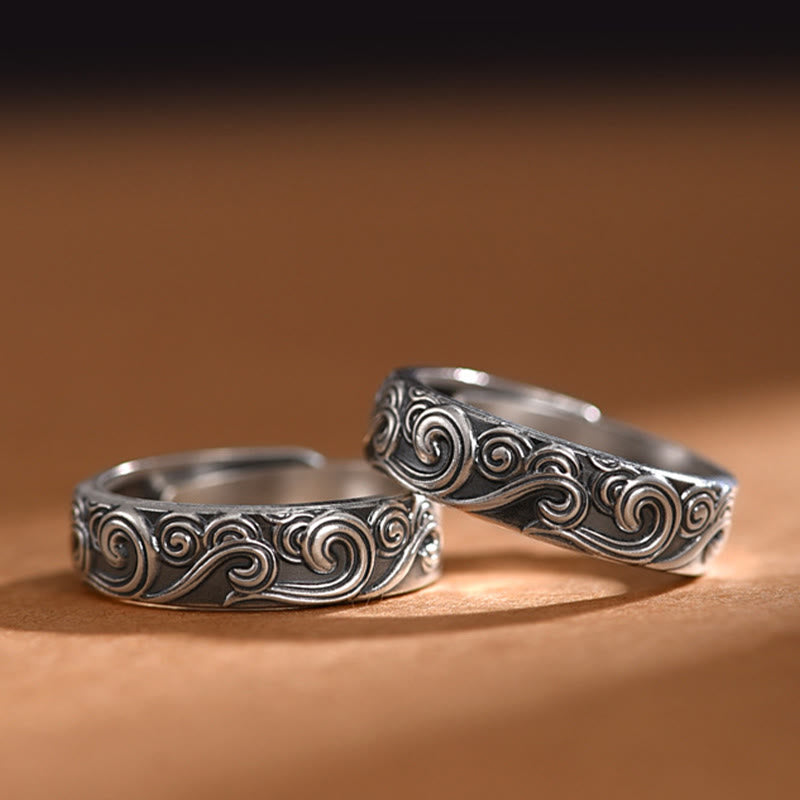 Buddha Stones Anillo Ajustable de Bendición Engravado con Nubes Auspiciosas en Plata Esterlina 999