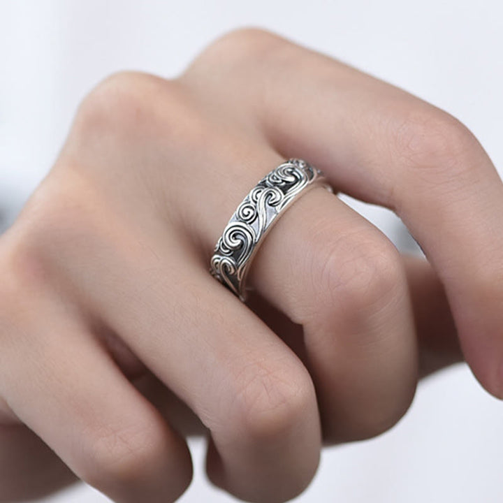 Buddha Stones Anillo Ajustable de Bendición Engravado con Nubes Auspiciosas en Plata Esterlina 999