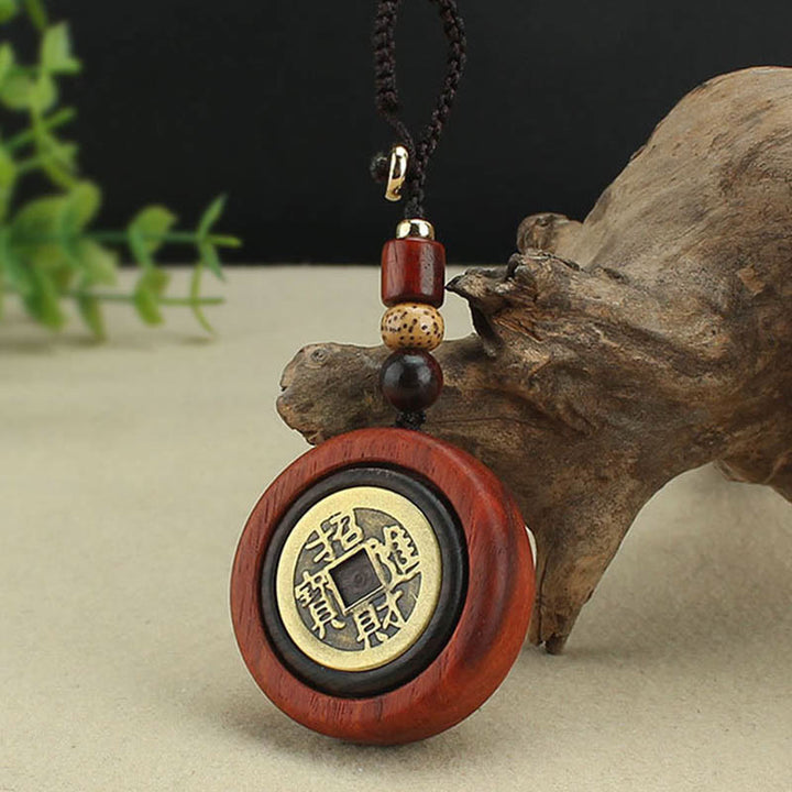 Monedas de cobre Buddha Stones, atracción de riqueza, madera de ébano, madera de sándalo rojo, llavero decorativo de la suerte