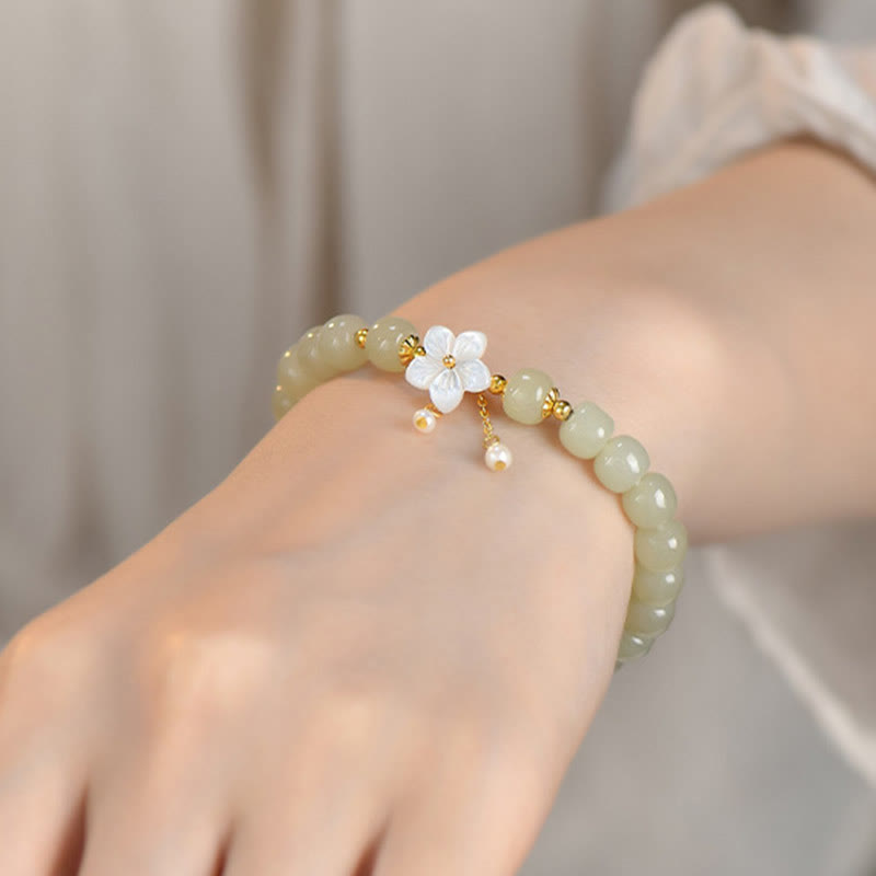 Buddha Stones Pulsera de plata esterlina 925 con jade natural de Hetian y flor de la suerte