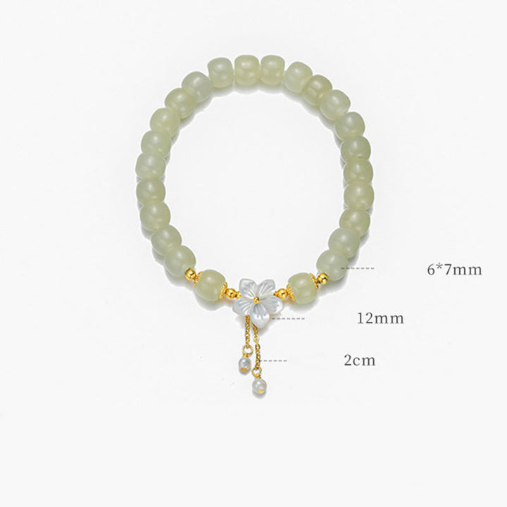 Buddha Stones Pulsera de plata esterlina 925 con jade natural de Hetian y flor de la suerte