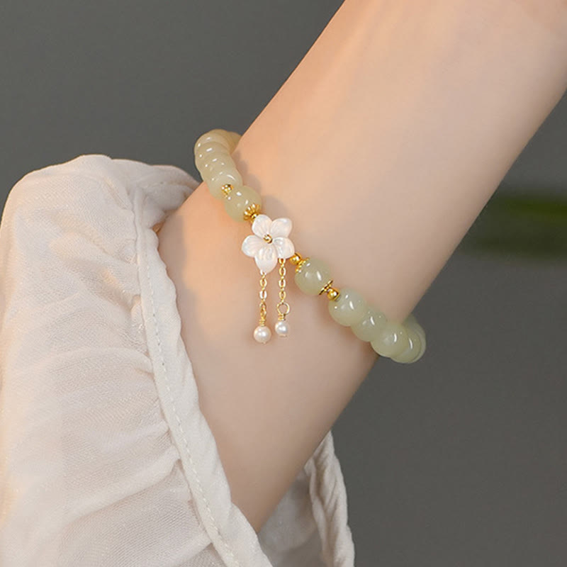 Buddha Stones Pulsera de plata esterlina 925 con jade natural de Hetian y flor de la suerte