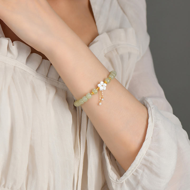 Buddha Stones Pulsera de plata esterlina 925 con jade natural de Hetian y flor de la suerte