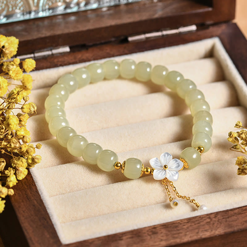 Buddha Stones Pulsera de plata esterlina 925 con jade natural de Hetian y flor de la suerte