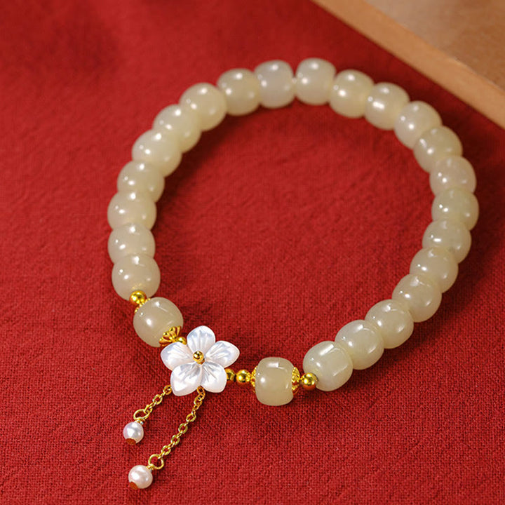 Buddha Stones Pulsera de plata esterlina 925 con jade natural de Hetian y flor de la suerte