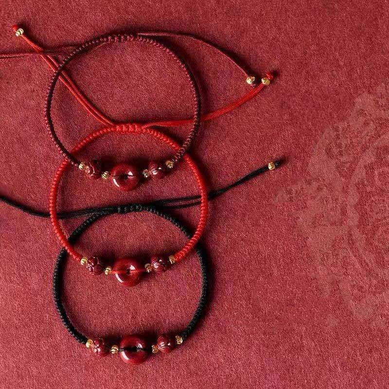 Buddha Stones Pulsera tejida a mano de cinabrio con hebilla de paz de loto, bendición y calma