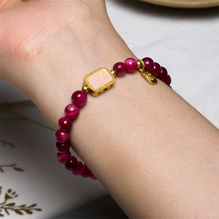 Brazalete de Coraje con Piedras de Buda, Ojo de Tigre Rojo Rosado, Carácter Fu