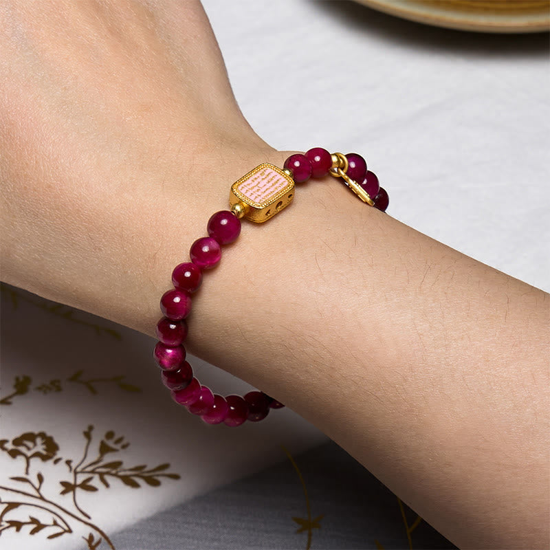 Brazalete de Coraje con Piedras de Buda, Ojo de Tigre Rojo Rosado, Carácter Fu