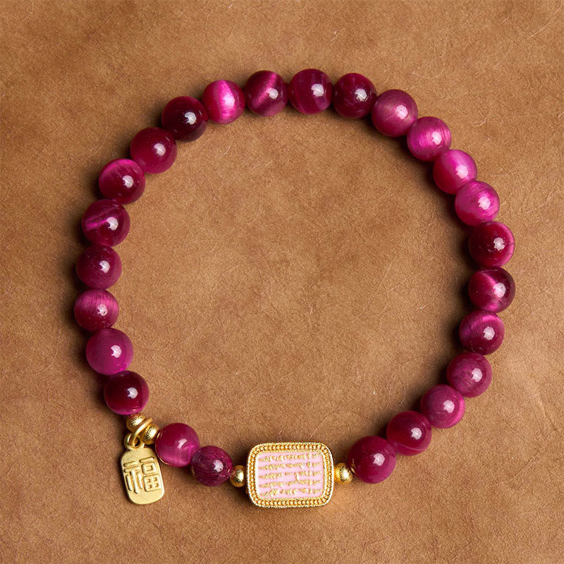 Brazalete de Coraje con Piedras de Buda, Ojo de Tigre Rojo Rosado, Carácter Fu