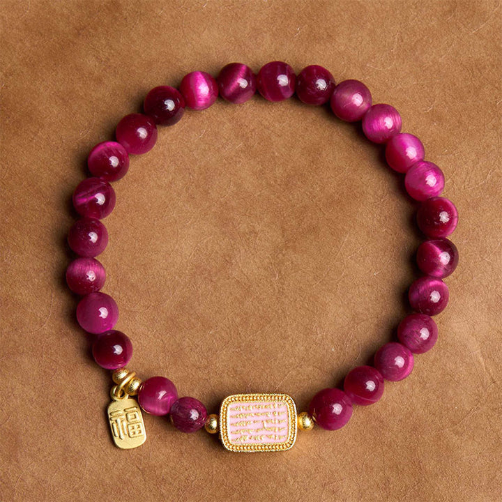 Brazalete de Coraje con Piedras de Buda, Ojo de Tigre Rojo Rosado, Carácter Fu