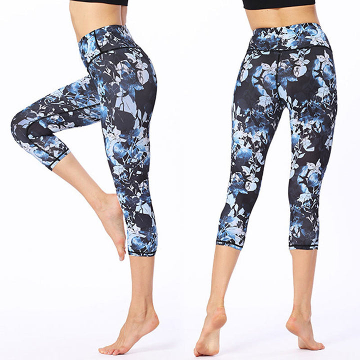 Buddha Stones Leggings de Yoga Recortados con Estampado de Hojas y Mariposas para Mujeres - Azul aciano - US8-10, UK/AU12-14, EU40-42 (XL) - image 0