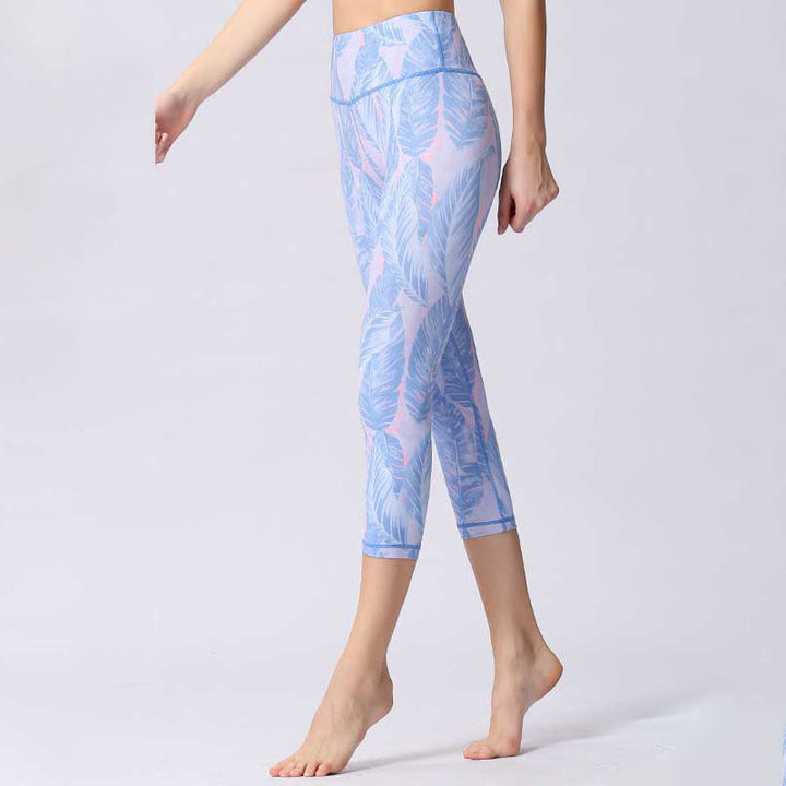 Buddha Stones Leggings de Yoga Recortados con Estampado de Hojas y Mariposas para Mujeres - Cian claro - US8-10, UK/AU12-14, EU40-42 (XL) - image 10