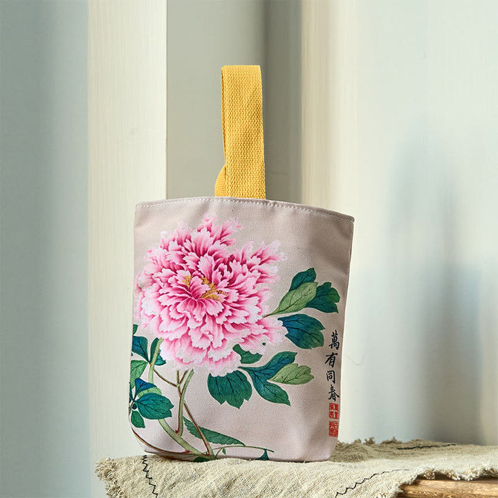 Bolso de lona con piedras de Buda y peonías