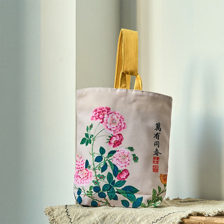 Bolso de lona con piedras de Buda y peonías