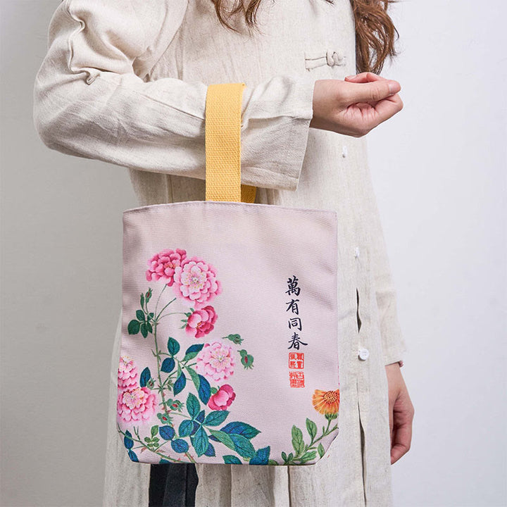 Bolso de lona con piedras de Buda y peonías