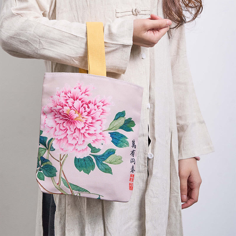Bolso de lona con piedras de Buda y peonías