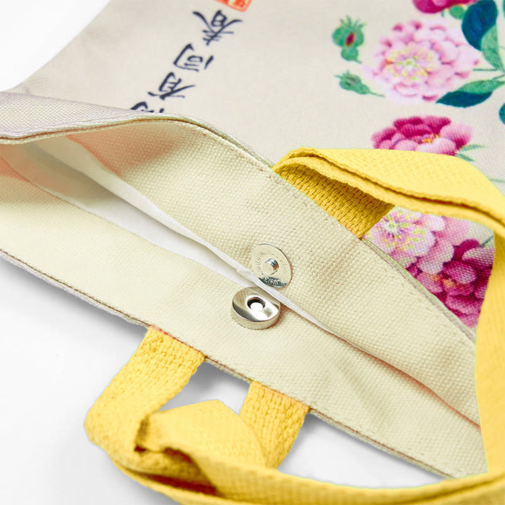 Bolso de lona con piedras de Buda y peonías