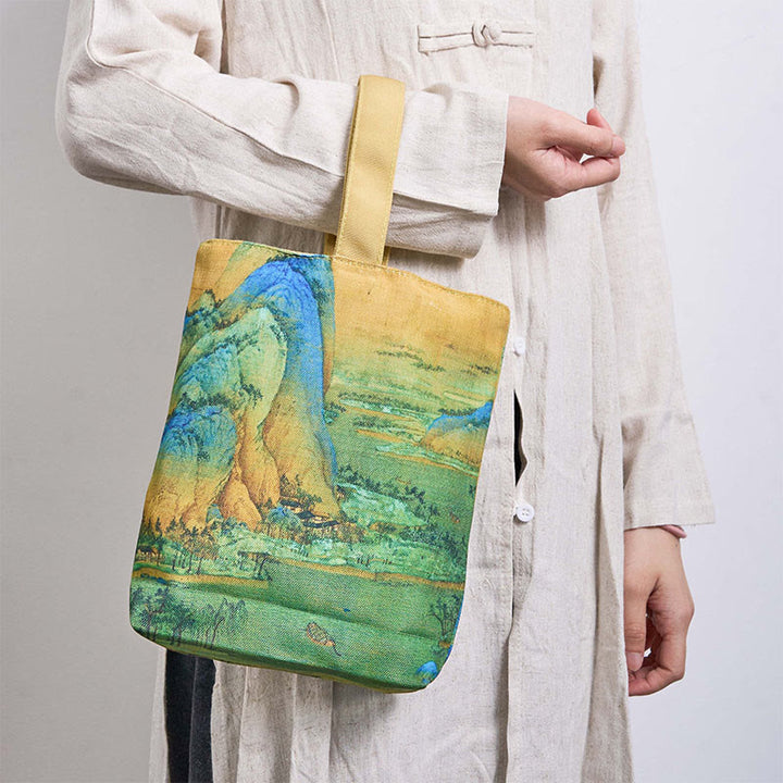 Lona de pintura de paisaje de Buddha Stones Bolsa de mano