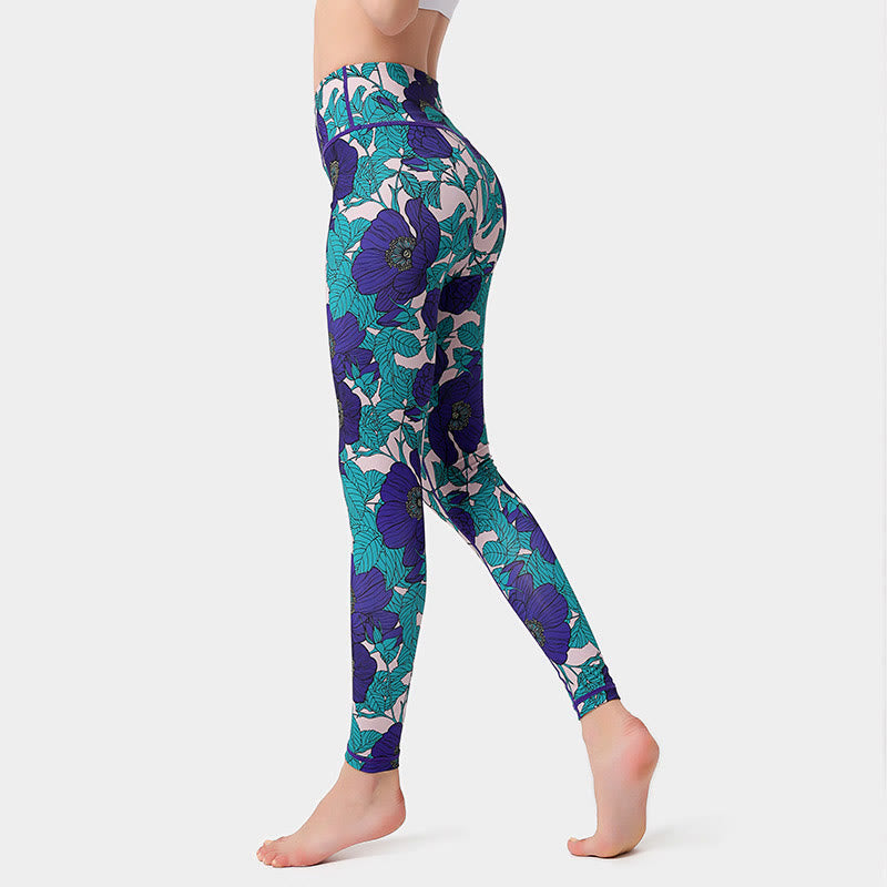 Pantalones de yoga para mujer, leggings de cintura alta, de fitness, de ejercicio deportivo, con impresión de pétalos de flores coloridas de Buddha Stones. - Turquesa pálido - US8-10, UK/AU12-14, EU40-42 (XL)  - image 24