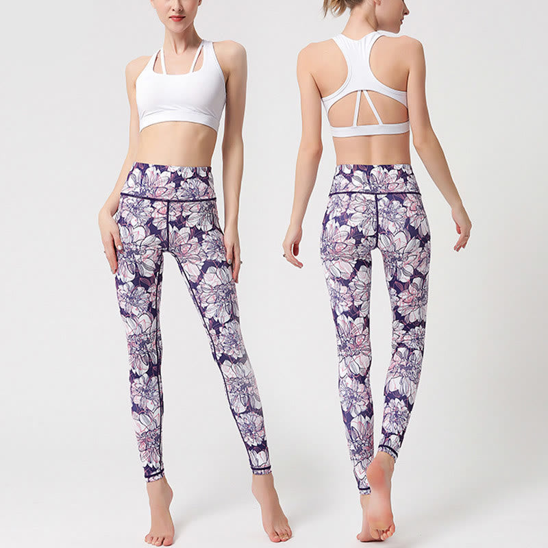 Pantalones de yoga para mujer, leggings de cintura alta, de fitness, de ejercicio deportivo, con impresión de pétalos de flores coloridas de Buddha Stones. - image 7