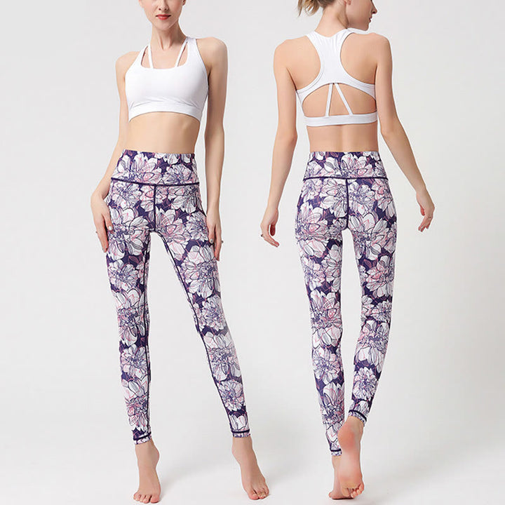 Pantalones de yoga para mujer, leggings de cintura alta, de fitness, de ejercicio deportivo, con impresión de pétalos de flores coloridas de Buddha Stones. - image 7