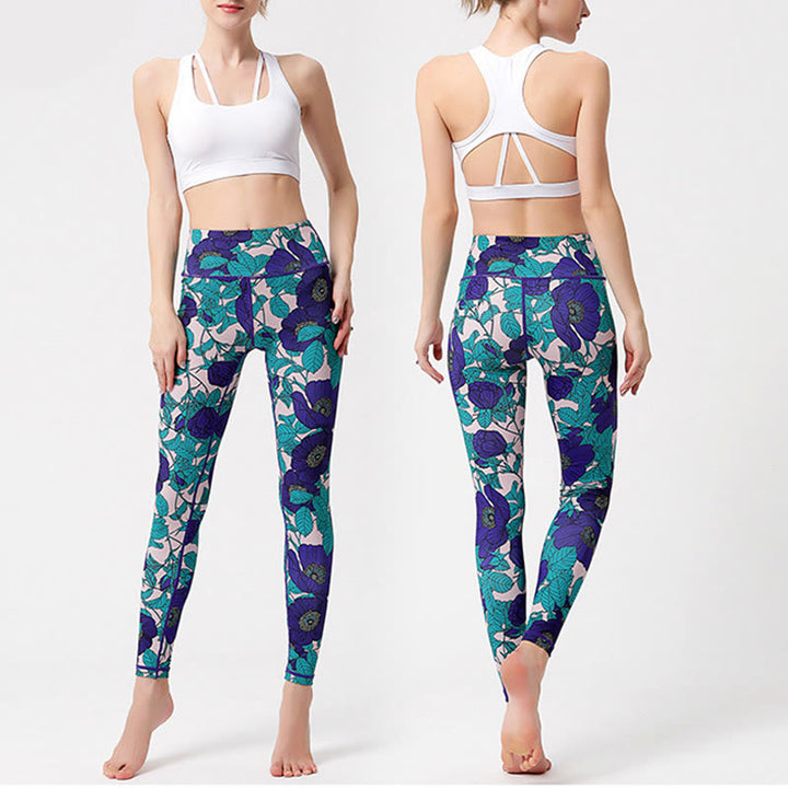 Pantalones de yoga para mujer, leggings de cintura alta, de fitness, de ejercicio deportivo, con impresión de pétalos de flores coloridas de Buddha Stones. - image 27
