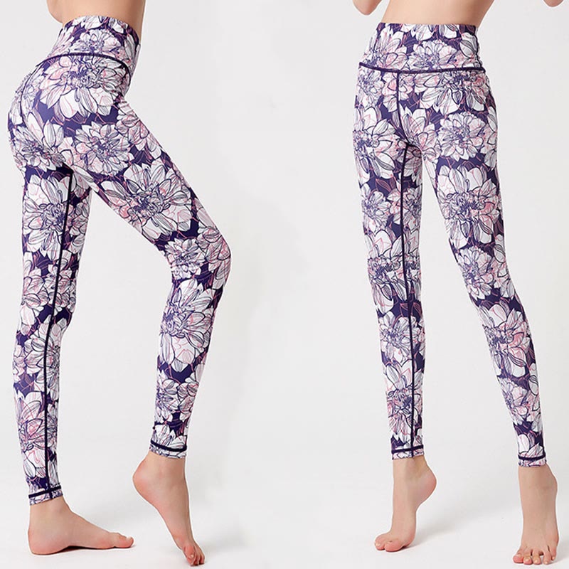 Pantalones de yoga para mujer, leggings de cintura alta, de fitness, de ejercicio deportivo, con impresión de pétalos de flores coloridas de Buddha Stones. - image 5